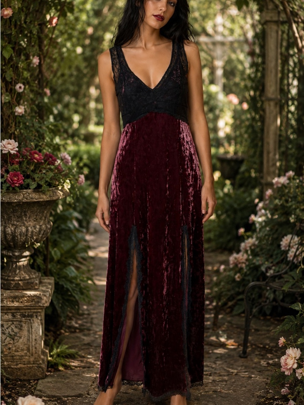 Cosmic Aura Maroon Crushed Velvet Gothic Fairycore Slit Maxi Dress L